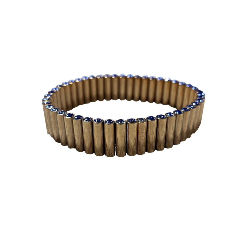 Swatch Bracelet Gold Tone Blue Crystal Bangle Stretch Womens M Jewelry Lustro